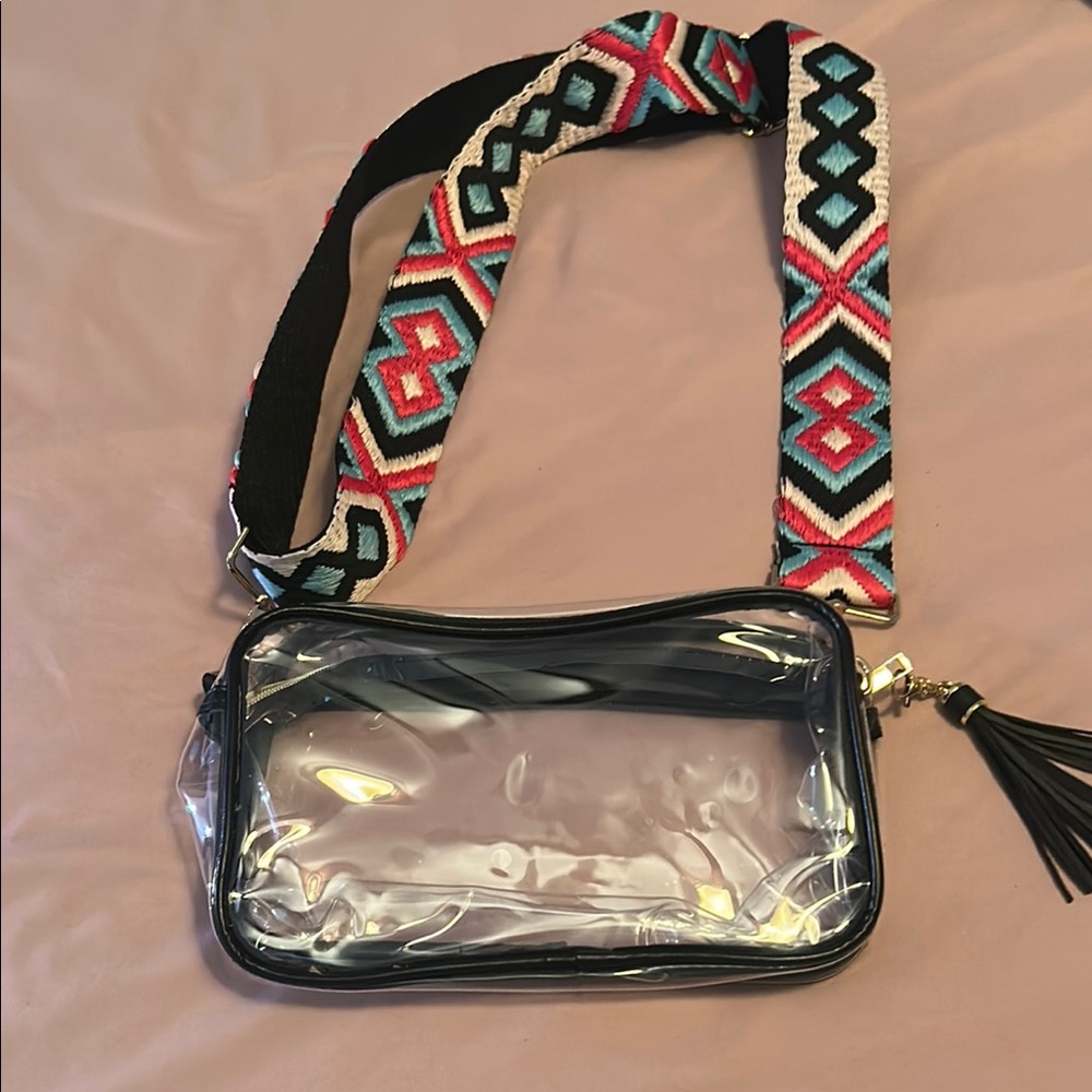 Black and Pink Crossbody Bag with Geometric Strap